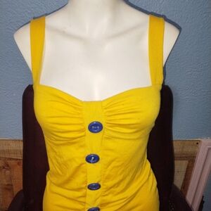 Ruched Yellow Tank W/Blue Button Details